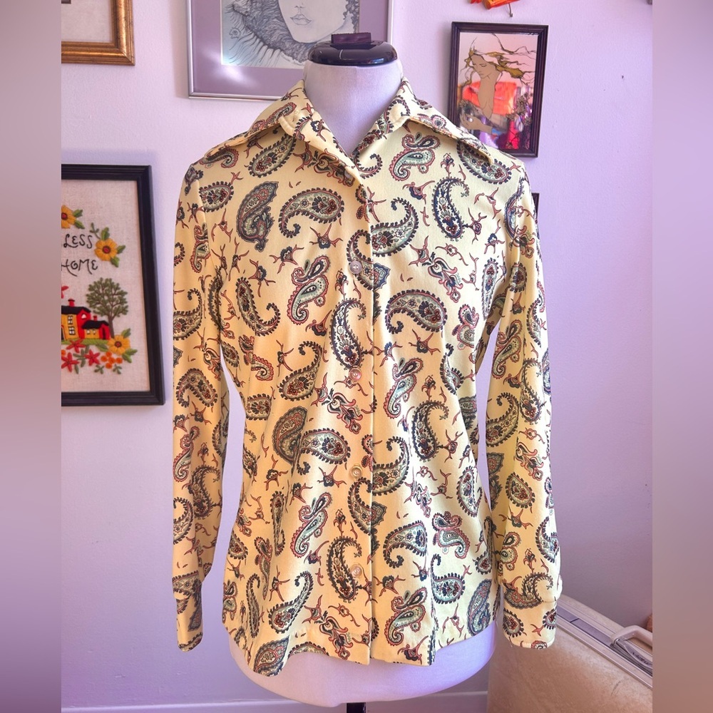 1970s Lucky Tops by L&K Yellow Paisley Shirt | Wide Collar Disco Blouse